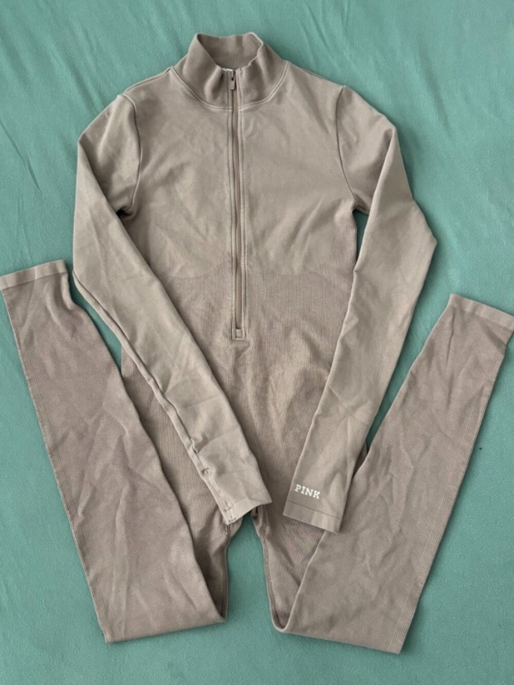PINK Victoria's Secret Ribbed Catsuit Bodysuit Mock Neck Half Zip XS